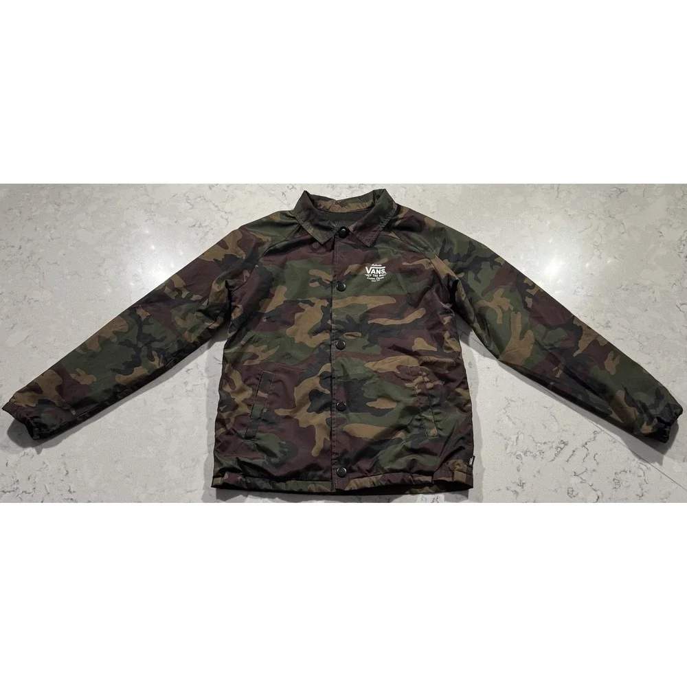 Vans Torrey Coaches Jacket Boys Medium Green Camo Snap Windbreaker Lightweight